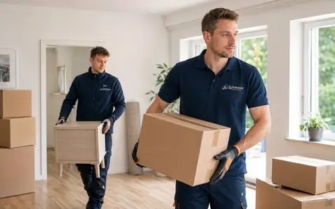 Mitarbeiter trägt Kartons aus einer Wohnung